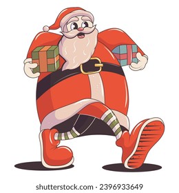  Trendy christmas groovy sticker patch retro cartoon element. Santa carries presents gifts. Vibes 70s. Vector illustration