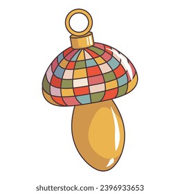 Trendy christmas groovy sticker patch retro cartoon element. Mushroom disco ball Christmas tree toy. Vibes 70s. Vector illustration