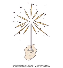 Trendy christmas groovy sticker patch retro cartoon element. Sparkler in cartoon hand. Vibes 70s. Vector illustration