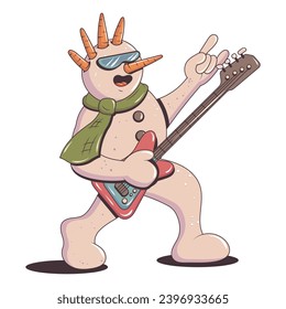 Trendy christmas groovy sticker patch retro cartoon element. Snowman rock star with a guitar. Vibes 70s. Vector illustration