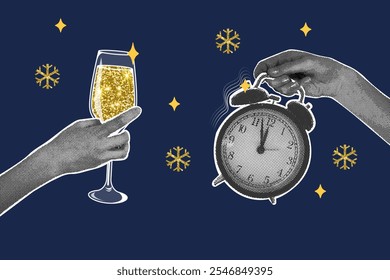 Trendy christmas halftone collage. Champagne glass in hand and alarm clock, shows 5 minutes to New Year. Halftone collage with gold glitter texture for cards, posters, templates.