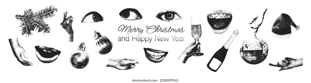 Trendy Christmas halftone photocopy stipple effect elements set, ideal for New year grunge punk grain dotted collage art design. Mouths, eyes, hands, champagne, Santa hat. Modern vector illustration