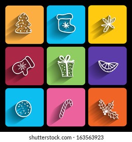 Trendy Christmas Icons With Long Shadow .