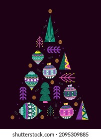 Trendy Christmas invitation card vector. Christmas tree with Christmas balls in geometric hand drawn style. Xmas celebration design.