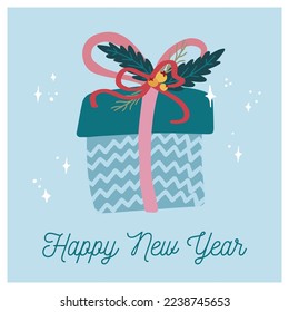 Trendy christmas and new year card illustration with christmas gift box