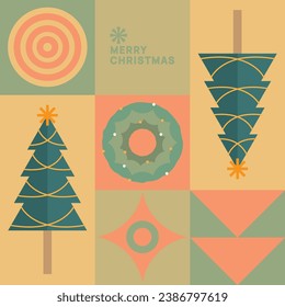 Trendy Christmas and New Year greeting card. Vector illustration concepts for graphic and web design, social media banner, marketing material with cartoon Santa on bench.