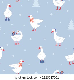 Trendy christmas pattern with cute white gooses and christmas trees, snow, gifts. Seamless scandinavian geese pattern. Vector domestic goose background. Funny rustic print. Vector illustration. 