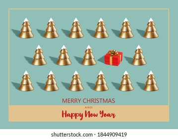 Trendy Christmas pattern made with Christmas gold tree and Christmas red gift box on blue background. Minimal Christmas concept.