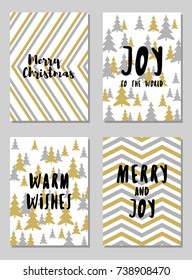Trendy Christmas postcards vector set with lettering calligraphy and background card patterns in gold and silver colors. Christmas cards, xmas banners set, silver and golden backgrounds, wishes text.