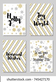 Trendy Christmas postcards vector set with lettering calligraphy and background card patterns in gold and silver colors. Christmas cards, xmas banners set, silver and golden backgrounds, wishes text.