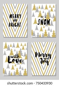 Trendy Christmas postcards vector set with lettering calligraphy and background card patterns in gold and silver colors. Christmas cards, xmas banners set, silver and golden backgrounds, wishes text.