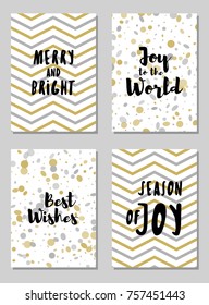Trendy Christmas postcards vector set with lettering calligraphy and background card patterns in gold and silver colors. Christmas cards, xmas banners set, silver and golden backgrounds, wishes text.