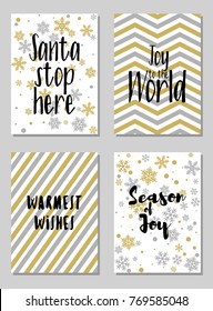 Trendy Christmas postcards vector set with lettering calligraphy and background card patterns in gold and silver colors. Christmas cards, xmas banners set, silver and golden backgrounds, wishes text.