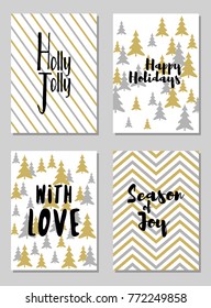 Trendy Christmas postcards vector set with lettering calligraphy and background card patterns in gold and silver colors. Christmas cards, xmas banners set, silver and golden backgrounds, wishes text.