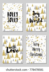 Trendy Christmas postcards vector set with lettering calligraphy and background card patterns in gold and silver colors. Christmas cards, xmas banners set, silver and golden backgrounds, wishes text.