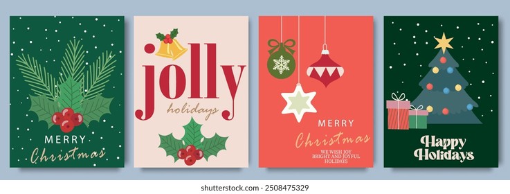 Trendy Christmas poster template set featuring holly, ornaments, Christmas tree, and festive holiday greetings. Modern art Xmas design for season banner, poster, cover