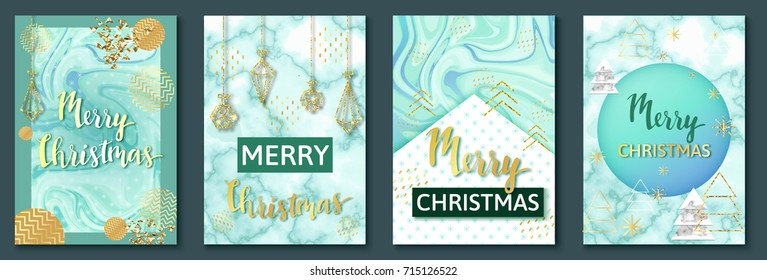 Trendy christmas posters set or background, party invitation template with golden glitter, marble and metal foil texture, lettering, winter holidays celebration banner, trendy vector illustration