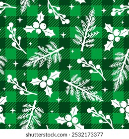 Trendy Christmas seamless pattern. Green Buffalo Plaid background with white winter berries, mistletoe and Christmas tree branches texture. Vector checkered plaid print for fashion, fabric, wrapping