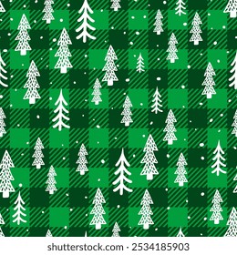 Trendy Christmas seamless pattern. Green Buffalo Plaid background with white Christmas tree texture. Vector checkered plaid and cute winter forest hand drawn print for fashion, fabric, wrapping paper.