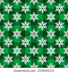 Trendy Christmas seamless pattern. Green Buffalo Plaid background with white winter snowflakes texture. Vector checkered plaid and snowfall print for fashion, fabric, wrapping paper, New Year decor.