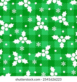 Trendy Christmas seamless pattern. Green Buffalo Plaid background with white berries, mistletoe and snowflakes winter texture. Vector checkered plaid print for fashion design, fabric, wrapping, decor.