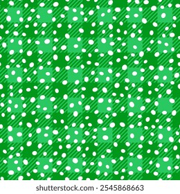 Trendy Christmas seamless pattern. Green Buffalo Plaid background with white winter snowfall texture. Vector checkered plaid and hand drawn snow dots print for fabric, wrapping paper, New Year decor.