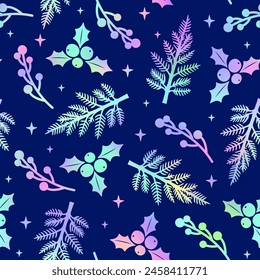 Trendy Christmas seamless pattern. New Year print with holographic Christmas tree branches, mistletoe and berries on blue background. Shiny gradient winter texture for decor, fabric design, wrapping.