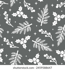 Trendy Christmas seamless pattern. New Year print with white Christmas tree branches, mistletoe and berries on dark grey background. Shiny winter texture for decor, fabric design, wrapping.
