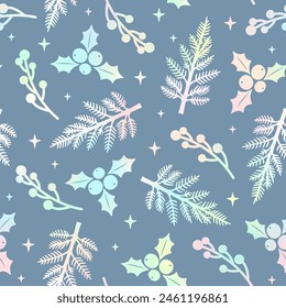 Trendy Christmas seamless pattern. New Year print with holographic Christmas tree branches, mistletoe and berries on grey background. Shiny gradient winter texture for decor, fabric design, wrapping