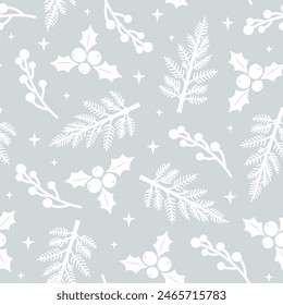 Trendy Christmas seamless pattern. New Year print with white Christmas tree branches, mistletoe and berries on pastel grey background. Scandinavian winter texture for decor, fabric design, wrapping.