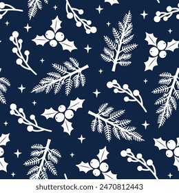 Trendy Christmas seamless pattern. New Year print with white Christmas tree branches, mistletoe and berries on dark blue background. Cute winter texture for decor, fabric design, wrapping.
