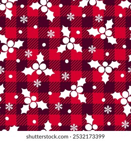 Trendy Christmas seamless pattern. Red Buffalo Plaid background with white berries, mistletoe and snowflakes winter texture. Vector checkered plaid print for fashion design, fabric, wrapping, decor.