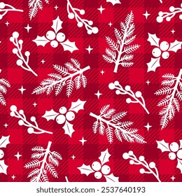 Trendy Christmas seamless pattern. Red Buffalo Plaid background with white winter berries, mistletoe and Christmas tree branches texture. Vector checkered plaid print for fashion, fabric, wrapping