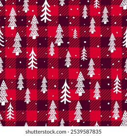 Patrón sin fisuras de Navidades de moda. Fondo rojo de la tela escocesa del búfalo con la textura blanca del árbol de navidad. Vector a cuadros a cuadros y lindo bosque de invierno dibujado a mano impresión para la moda, tela, papel de embalaje.