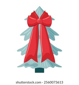 A trendy Christmas tree adorned with festive decorations and topped with a large, vibrant red bow. This flat-style vector illustration captures the holiday spirit with its simplicity and charm.