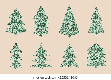 Trendy Christmas tree with stipple dots. Textured green fir elements collection