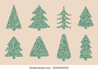 Trendy Christmas tree with stipple dots. Textured green fir elements collection