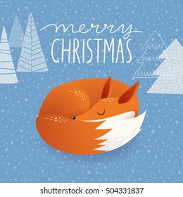 Trendy Christmas vector card with cartoon cute sleeping fox