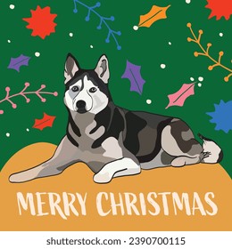 Trendy Christmas Vector. Hand drawn flat Christmas instagram post, card for a friend. Holiday card with hand-drawn Christmas icons, dog illustration. Green, yellow, red, bright colors.Cartoonish husky
