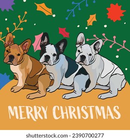 Trendy Christmas Vector. Hand drawn flat Christmas instagram post, card for a friend. Holiday card with hand-drawn Christmas icons, dog illustration. Green, yellow, red, bright colors. French bulldog