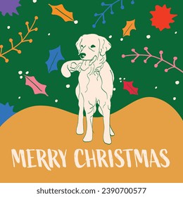 Trendy Christmas Vector. Hand drawn flat Christmas post, card for a friend. Holiday card with hand-drawn Christmas icons, dog illustration. Green, yellow, bright colors. One color Golden retriever.