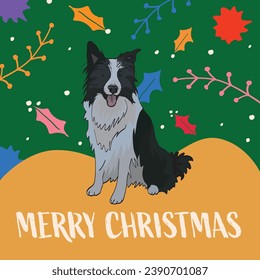 Trendy Christmas Vector. Hand drawn flat Christmas instagram post, card for a friend. Holiday card with hand-drawn Christmas icons, dog illustration. Green, yellow, red, bright colors. Border Collie.
