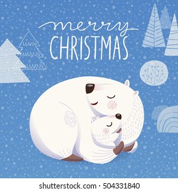 Trendy Christmas vector poster with cartoon sleeping polar bear with baby 