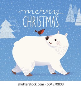Trendy Christmas vector poster with cartoon walking polar bear with bird 