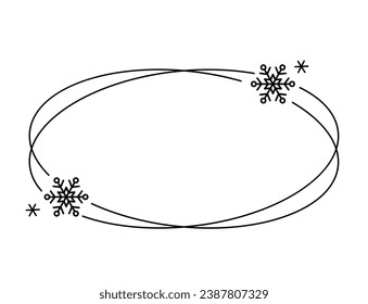 Trendy christmas winter linear oval frame with snowflake, Modern minimalist aesthetic line elements, geometric forms. Vector sparkle for social media or poster design, simple decorative boho style