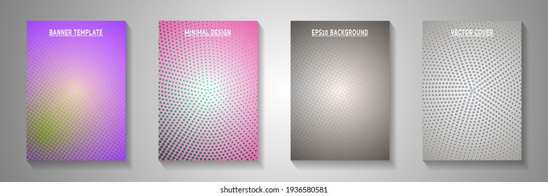 Trendy circle faded screen tone cover page templates vector collection. Business flyer perforated screen tone backgrounds. Retro cartoon comics style title page layouts. Optical effects.