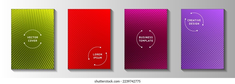 Trendy circle faded screen tone front page templates vector batch. Digital magazine perforated screen tone patterns. Retro manga comics style cover layouts. Line art design.