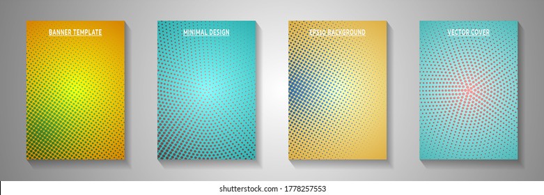 Trendy circle perforated halftone front page templates vector collection. Medical notebook faded halftone backdrops. Vintage cartoon comics style title page layouts. Optical effects.