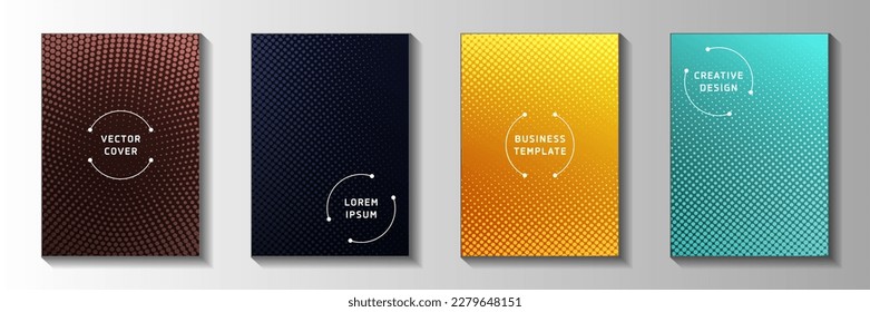 Trendy circle perforated halftone title page templates vector collection. Urban flyer faded halftone backgrounds. Vintage manga comics style cover layouts. Overlay spots grid