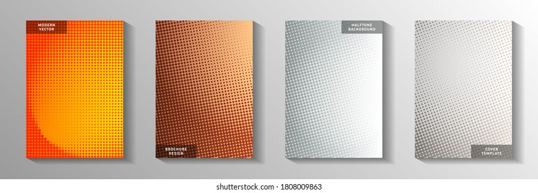 Trendy circle screen tone gradation cover page templates vector collection. Urban catalog faded screen tone backgrounds. Retro comics style cover leaflets. Optical effects.